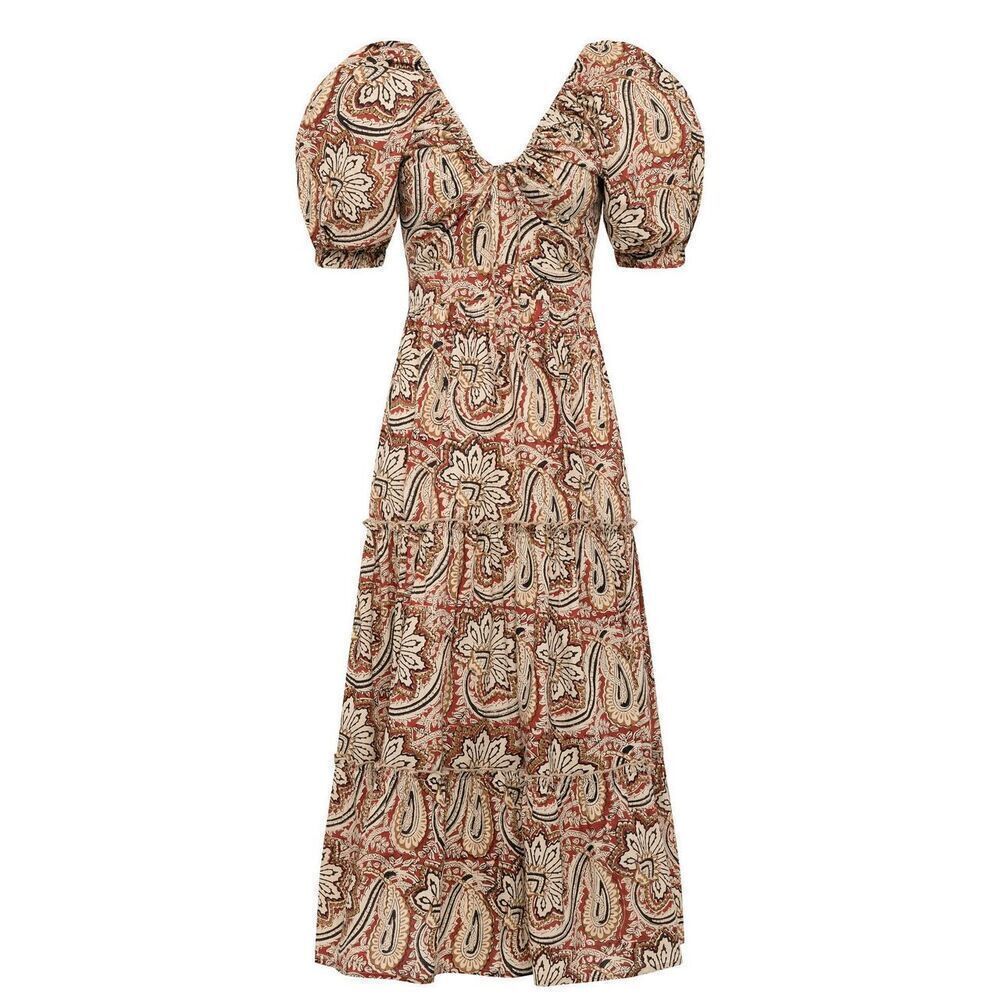 Anna Cate Arie Midi Dress Paisley Size Large Tiered Puff Sleeve $248.00
